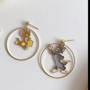 Gold titanium Tom and Jerry cartoon enamel asymmetrical hoop earrings new